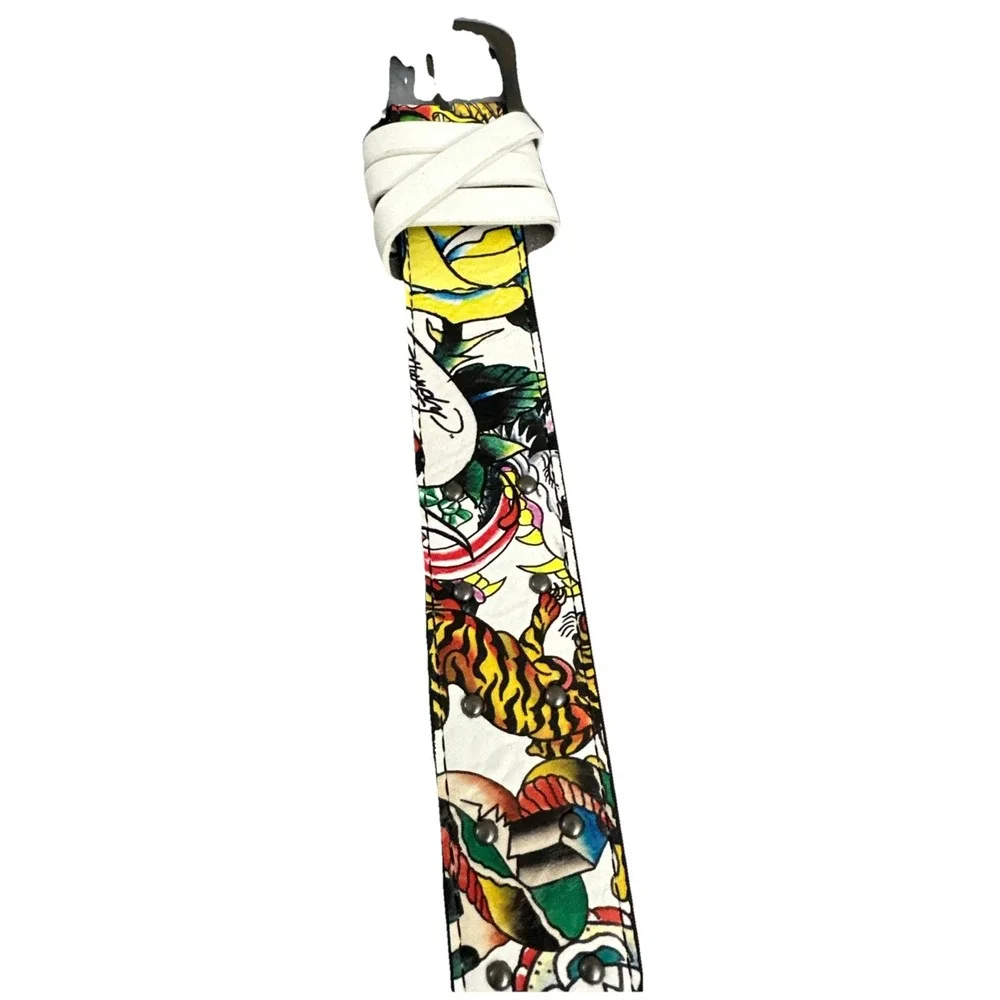 Ed Hardy Men's Skull Tiger Panther Print Belt With Hammered Rivet Studs SZ 42 NW